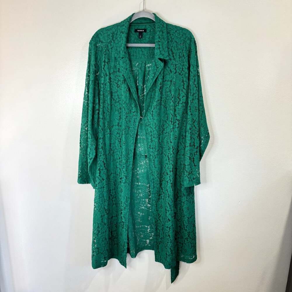 Torrid Floral Lace Trench Coat Duster Cardigan Size 4 / 4X Kelley Green Jacket - Picture 6 of 16